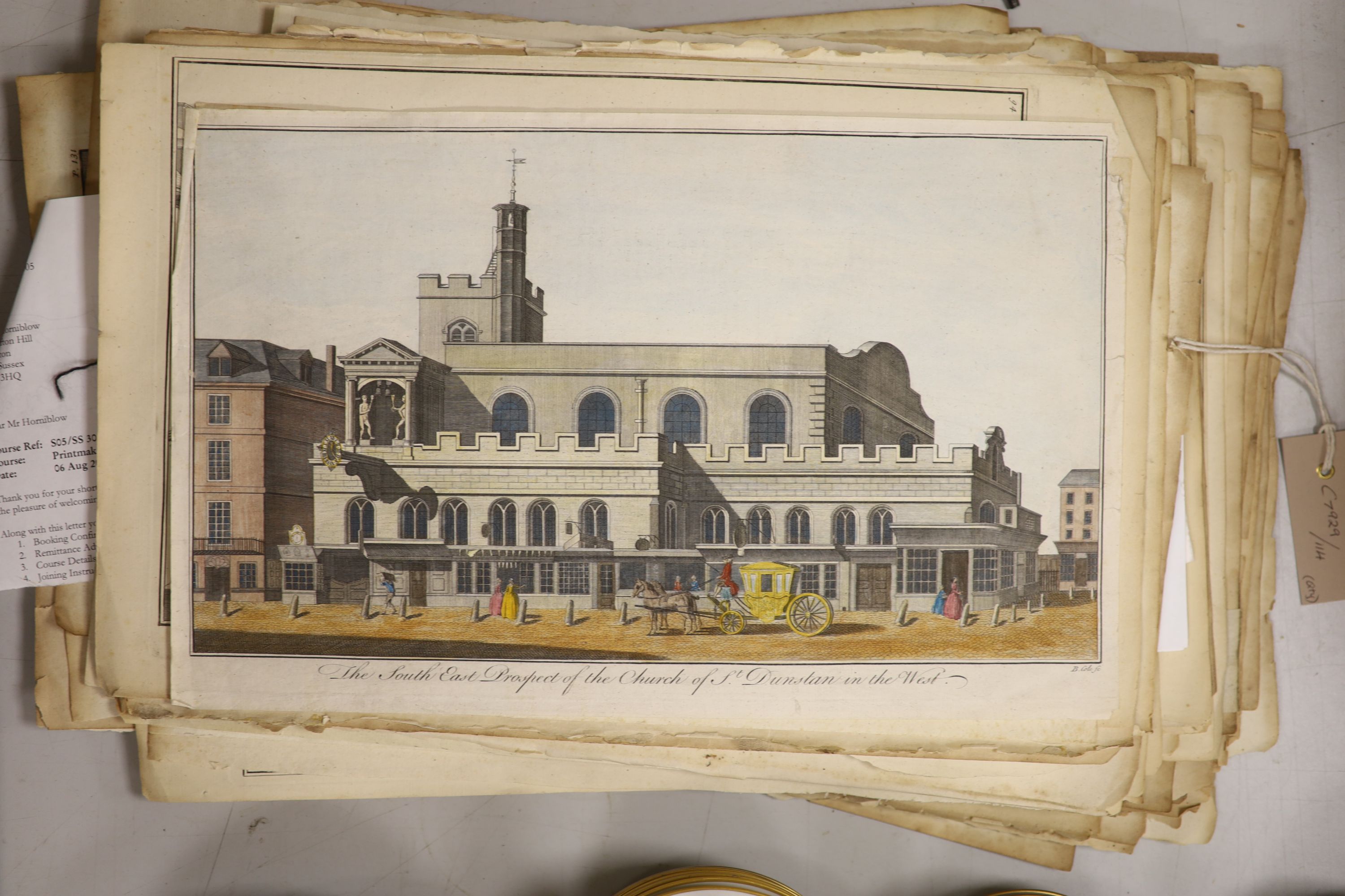 A group of mostly 18th century engravings, Topographical and architectural studies, largest approx. 27 x 40cm, unframed
